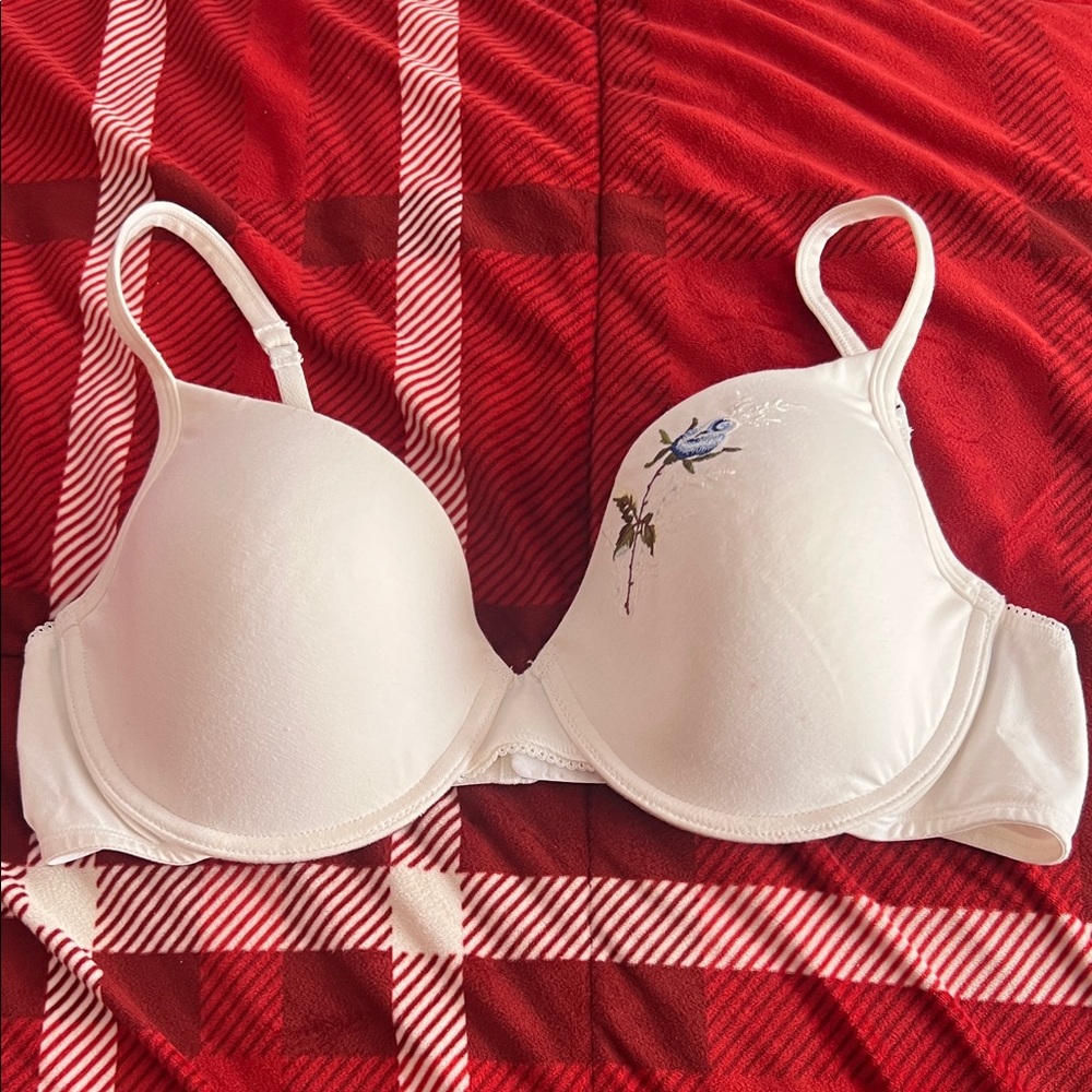 Vintage Lejaby white bra with blue butterfly and floral design